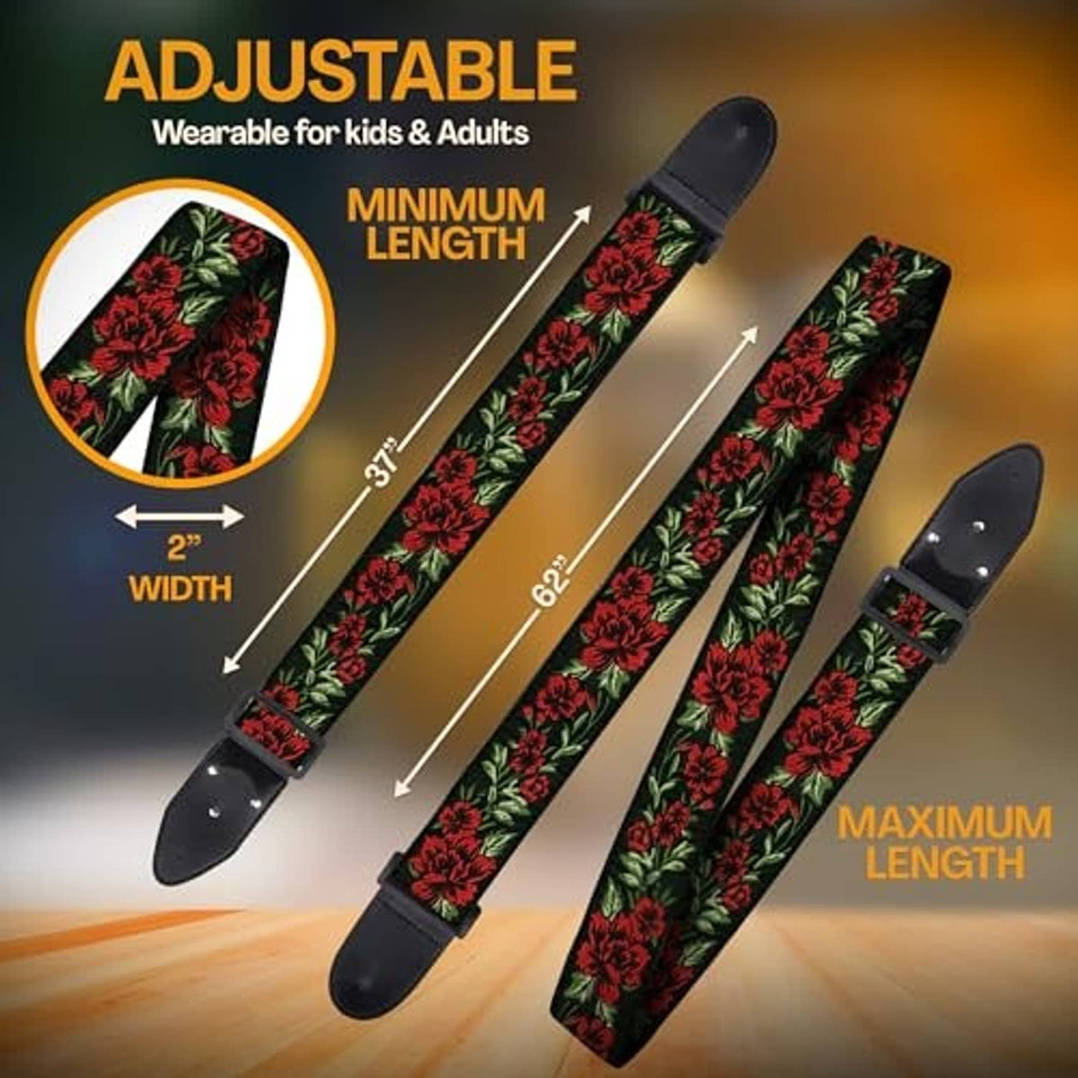 Adjustable woven guitar strap with red floral print; black strap ends and buckle