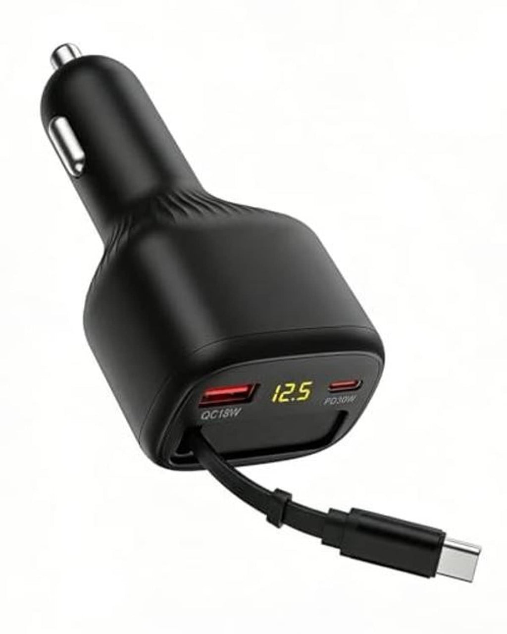 Black retractable car charger with USB-C connector and LED power display