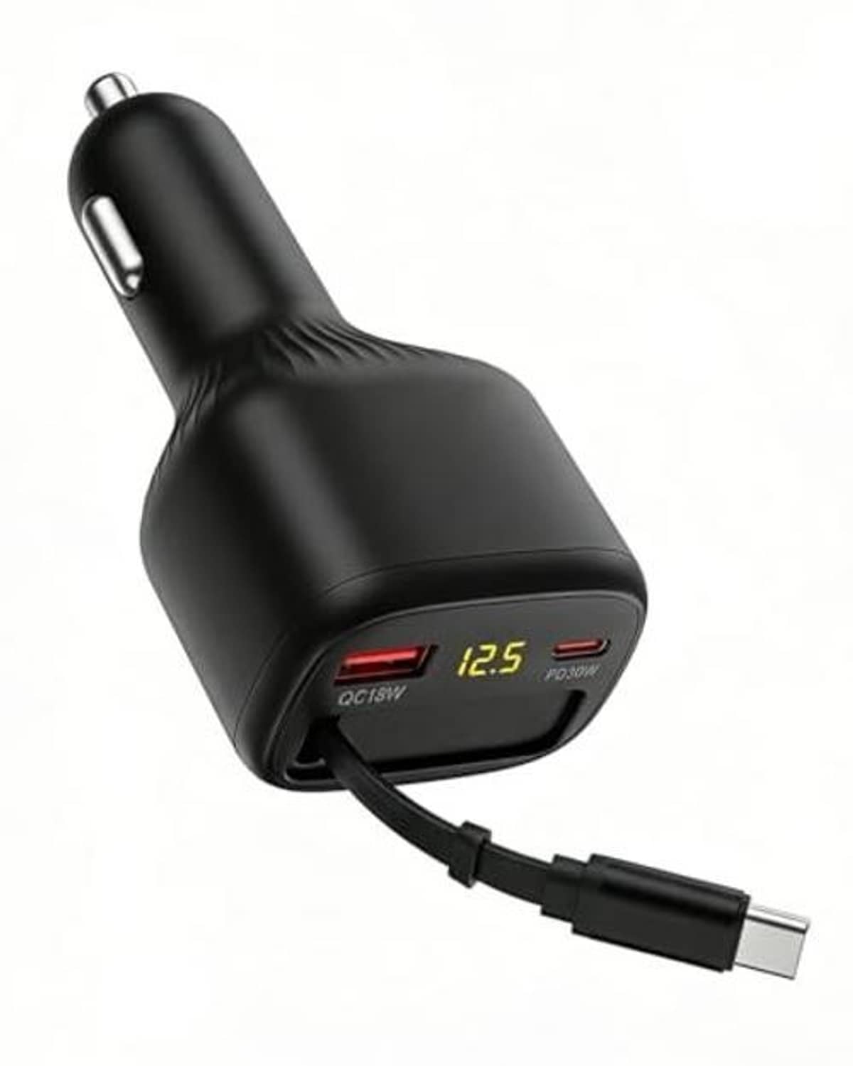 Black retractable car charger with USB-C connector and LED power display