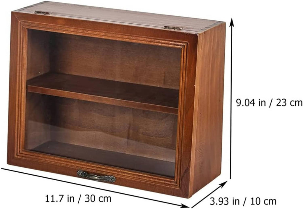 Wooden glass-front display cabinet with metal pull handle, shown with size lines