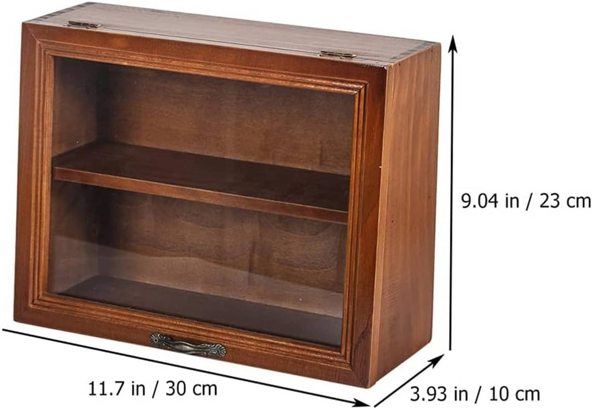 Wooden glass-front display cabinet with metal pull handle, shown with size lines