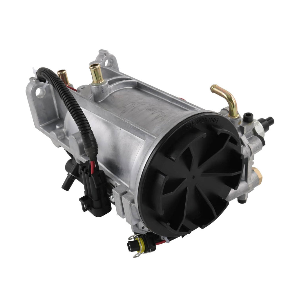 Fuel filter housing assembly with large circular port, metal housing, and black wiring harness