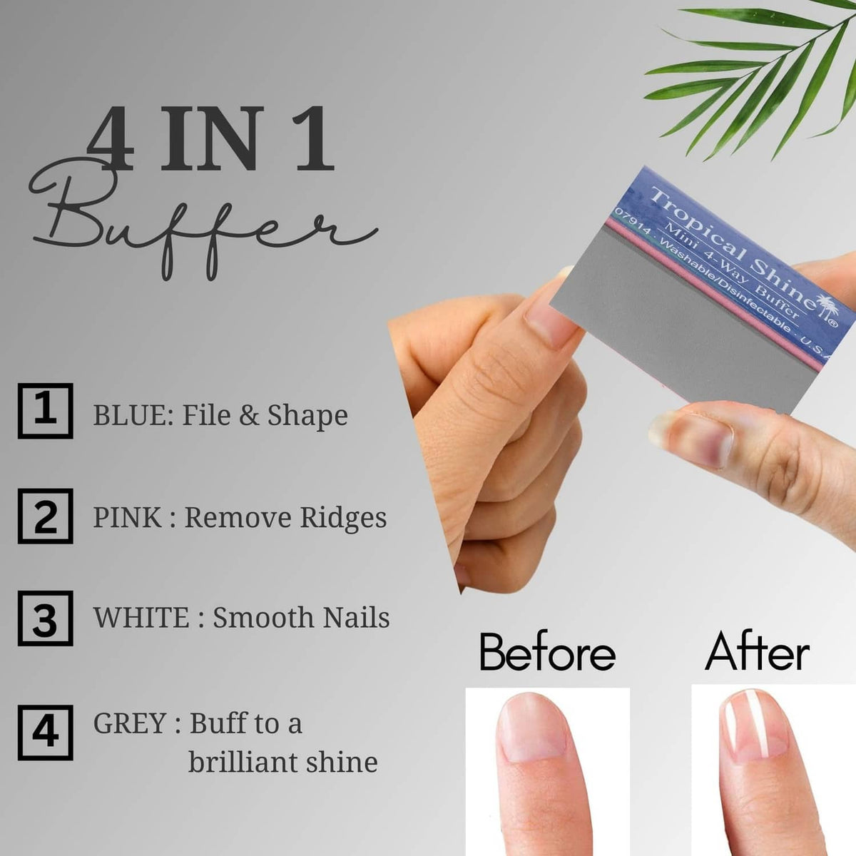 Hand holding mini 4-in-1 nail buffer block with before-and-after nails