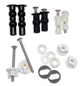 Universal toilet seat screw and bolt hardware set with black posts, white inserts, washers