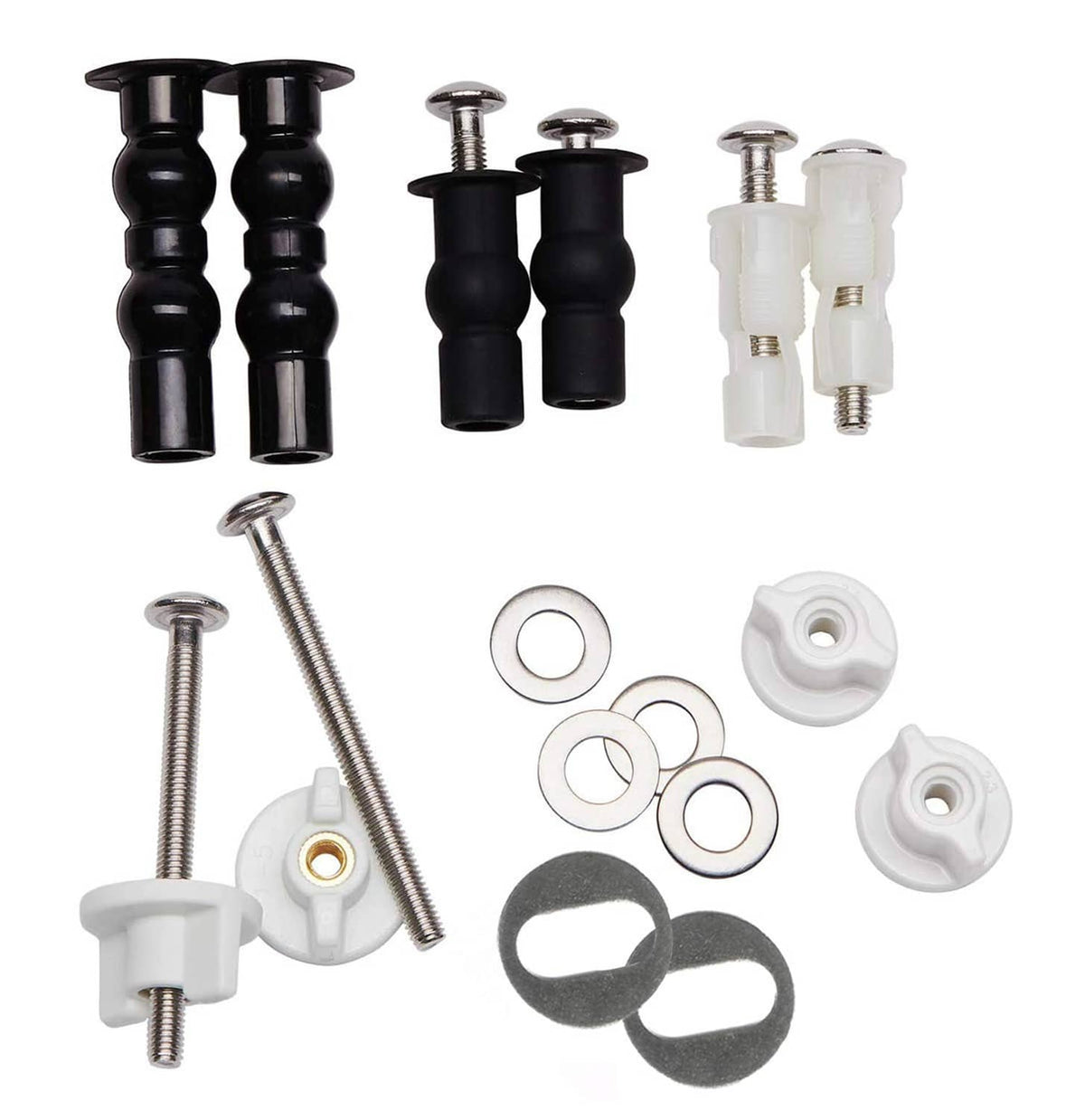 Universal toilet seat screw and bolt hardware set with black posts, white inserts, washers