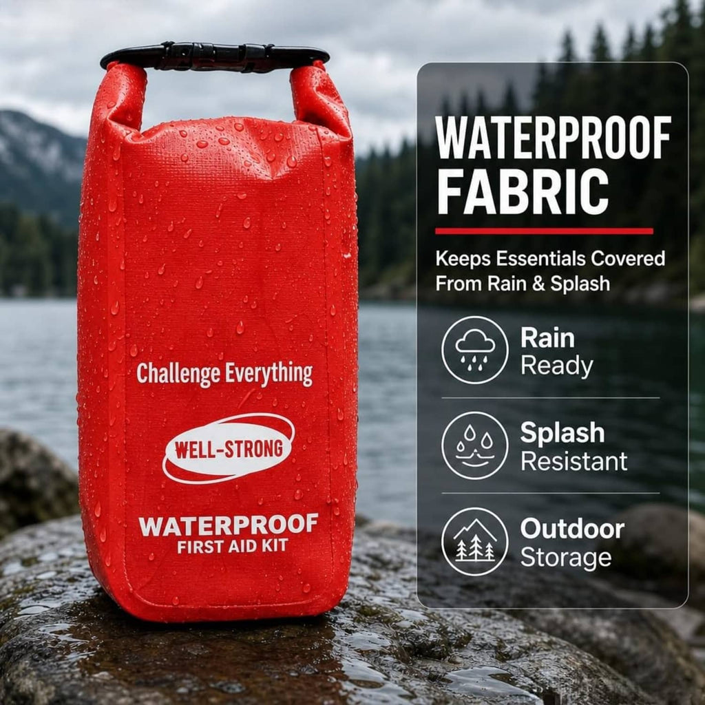 Red waterproof first aid kit roll-top bag with weatherproof storage