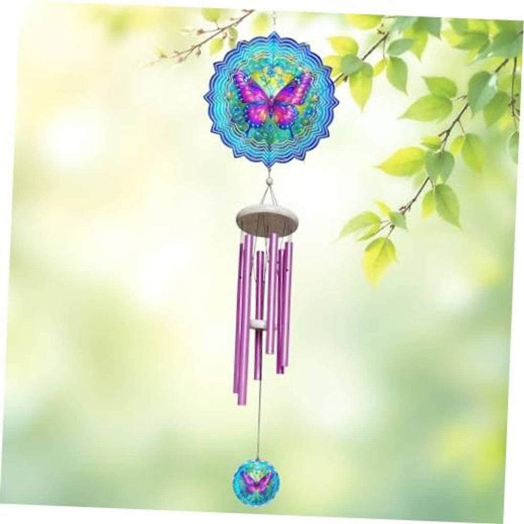 Purple butterfly wind chime spinner with blue circular top and multicolor hanging disk