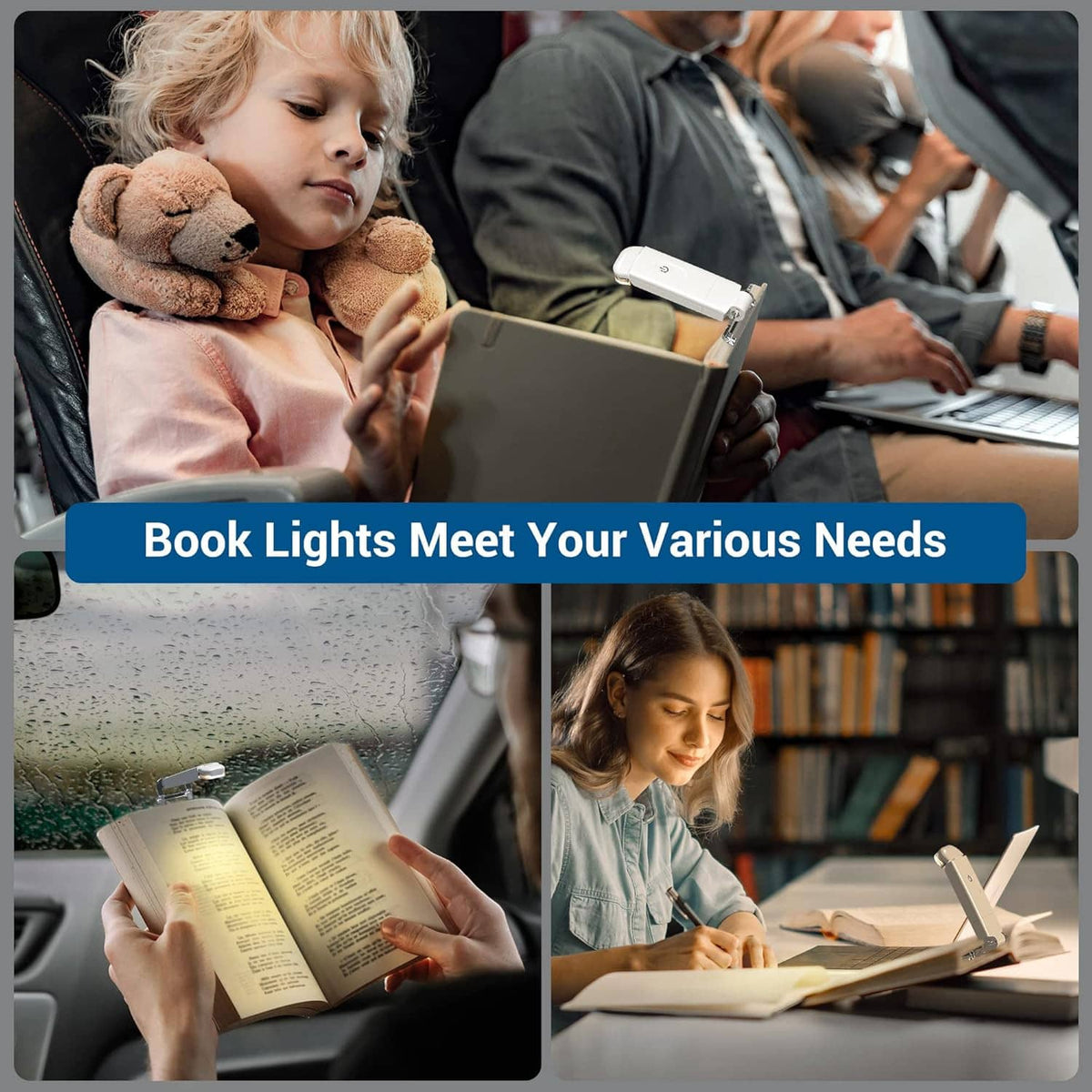 Readers using clip-on LED book lights while studying, including a child with a book
