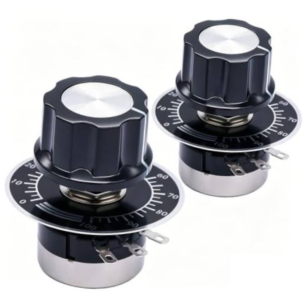 Pair of black rotary linear variable potentiometers with silver metal base and pins