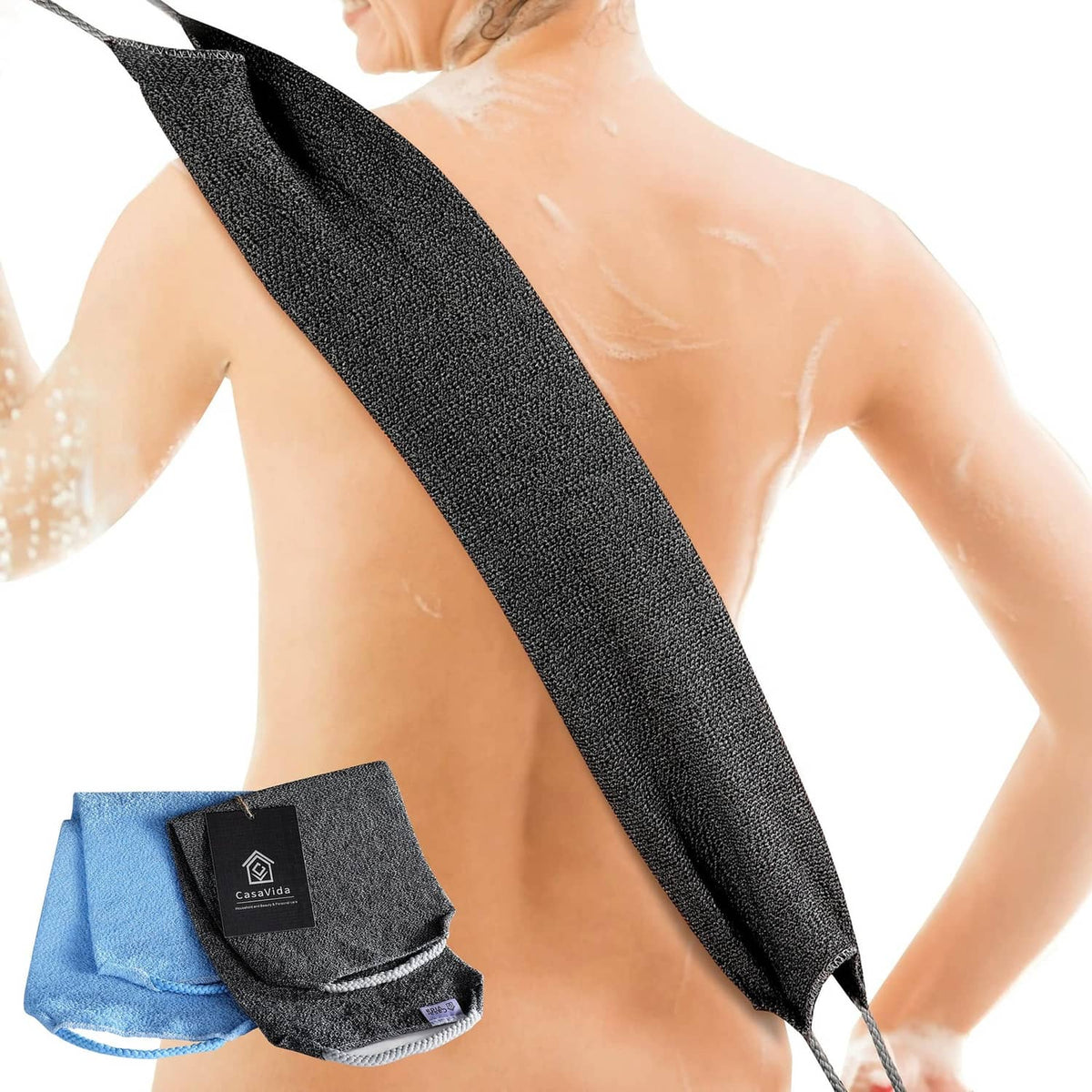 Dark gray exfoliating back scrubber towel with long strap for shower use