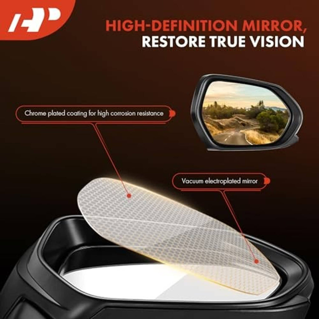 Black side view mirror with reflective glass and mounting base close-up