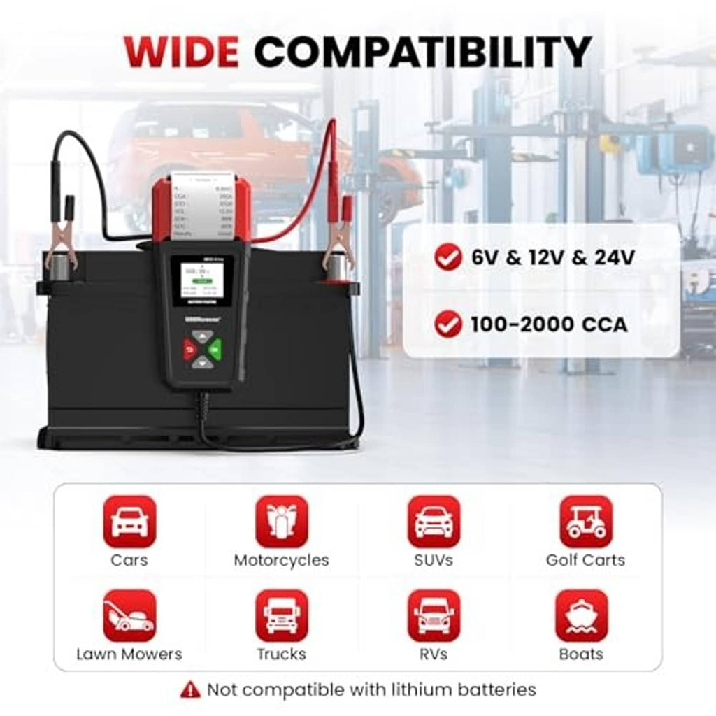 Car battery tester with printer and connected red battery clamps