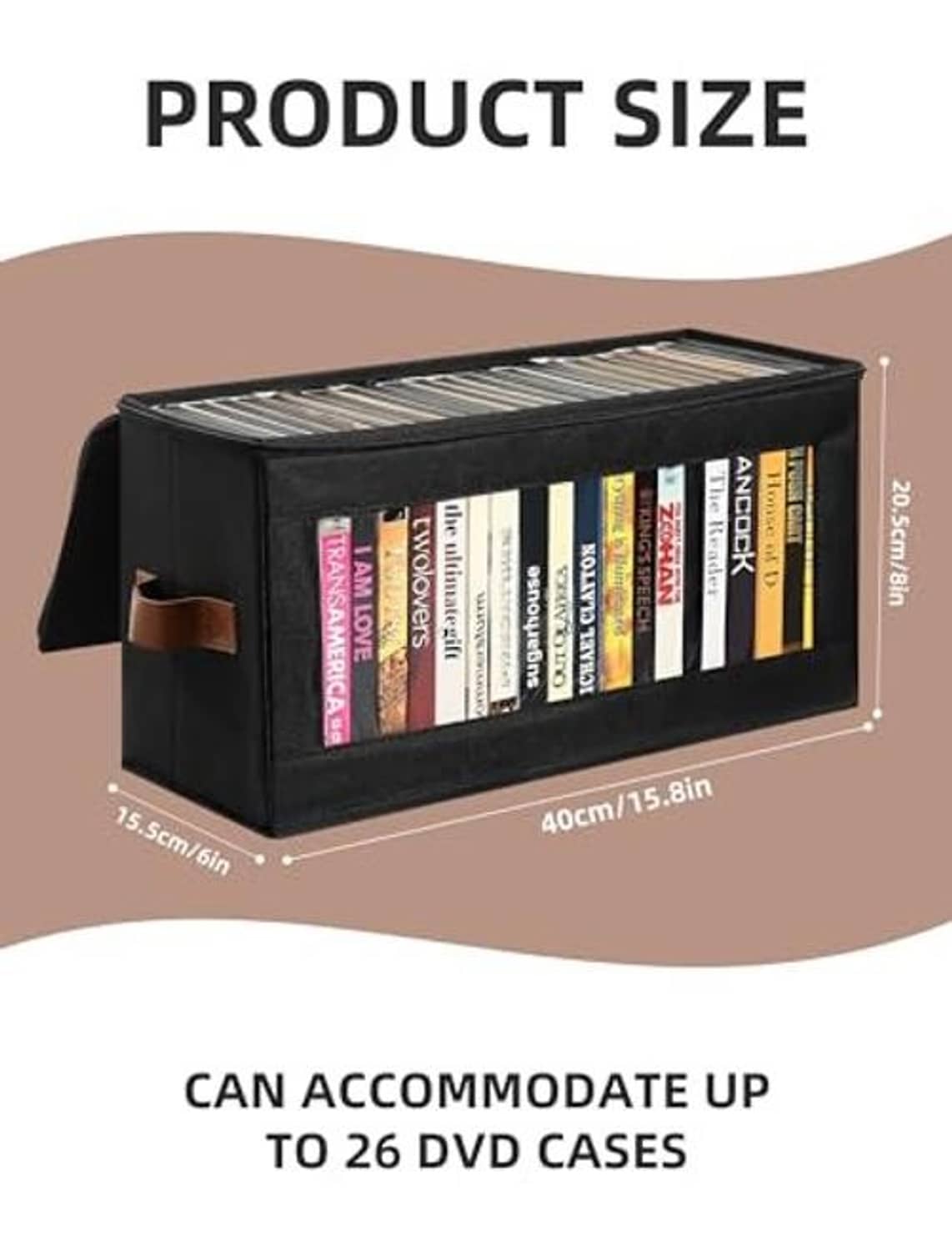 Black zip-lid DVD storage box with DVDs inside, open top and brown reinforced handle