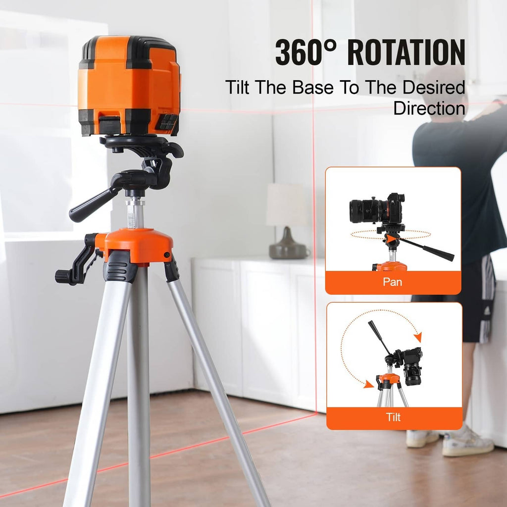 Orange laser level on tripod with adjustable base and levelling support feet