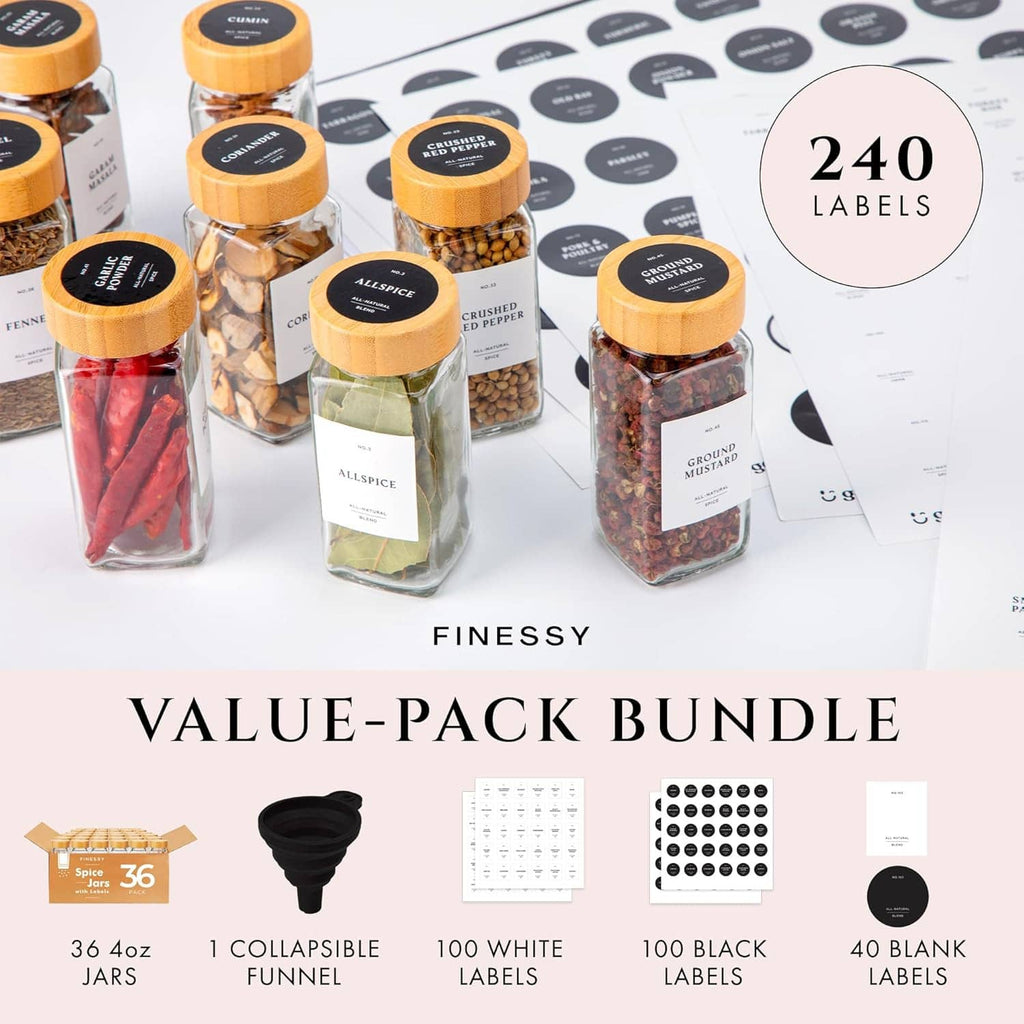 Clear spice jars with bamboo lids and black round lid labels, plus 240 label set