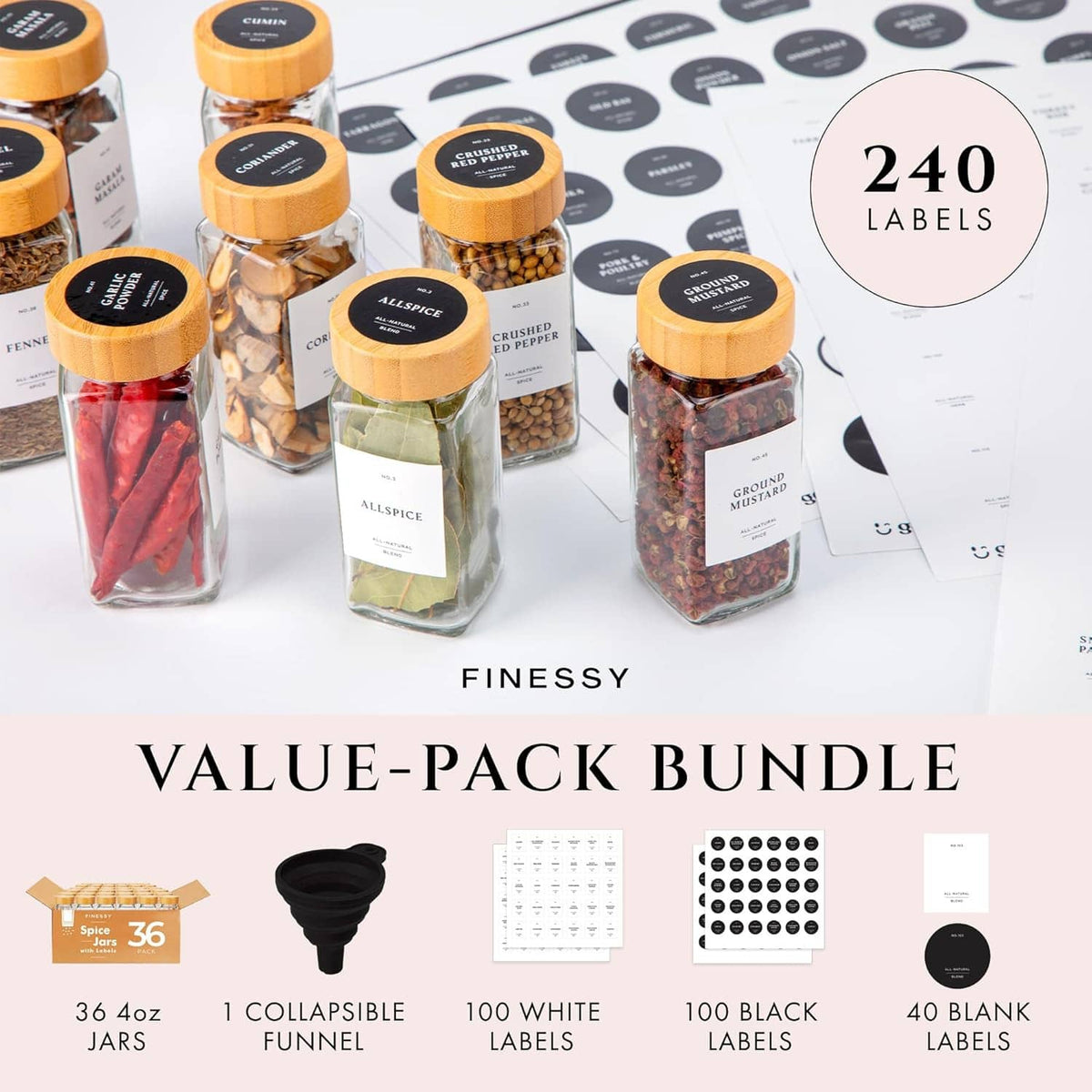 Clear spice jars with bamboo lids and black round lid labels, plus 240 label set