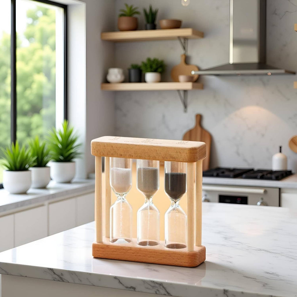 Wooden hourglass sand timer on marble countertop with three glass hourglasses
