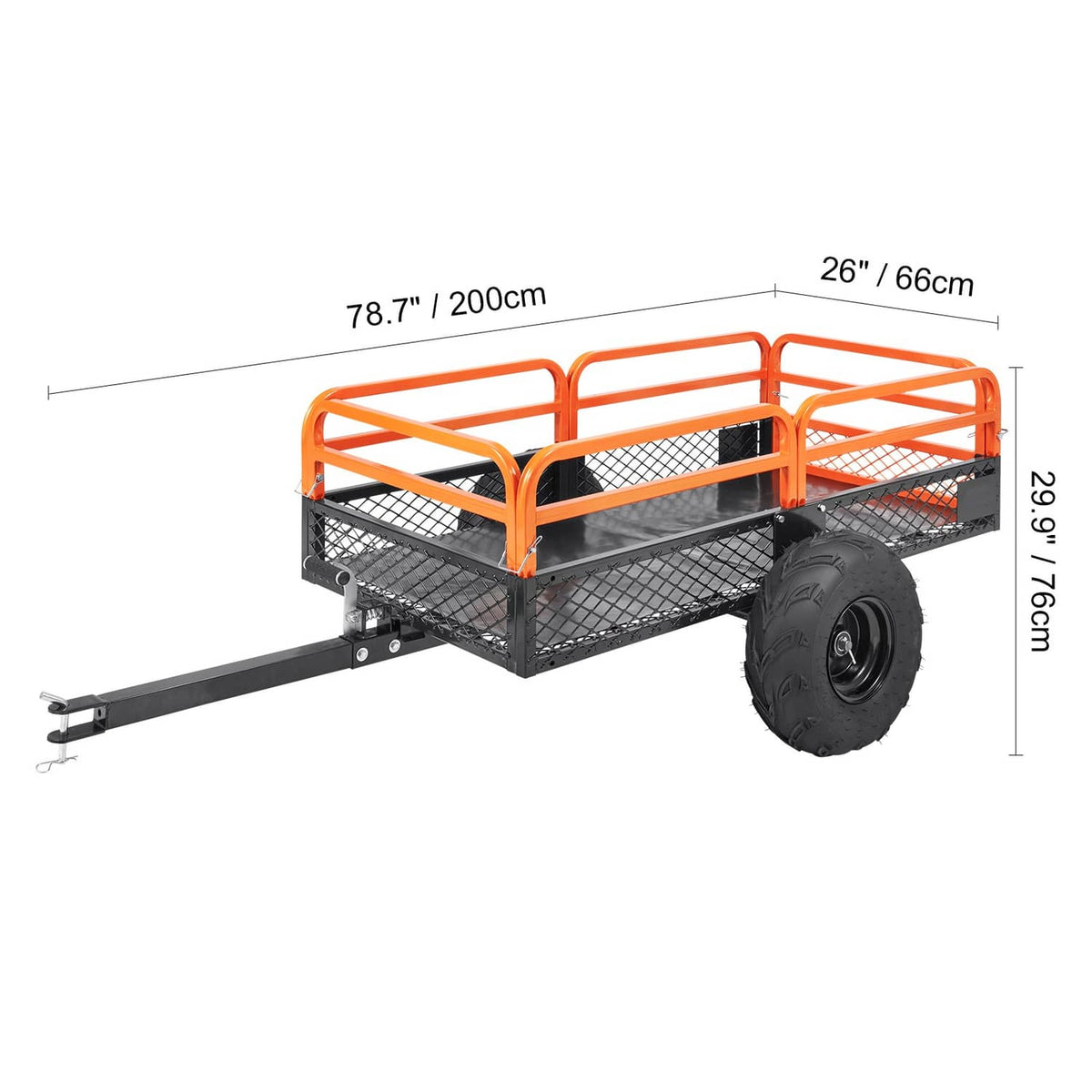 Steel tow-behind dump cart with orange frame and black mesh bed, single large pneumatic tire