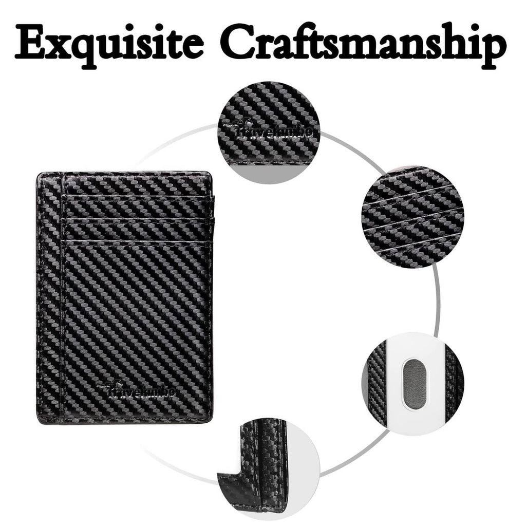 Black carbon-fiber slim wallet with front card slot and stitched side details