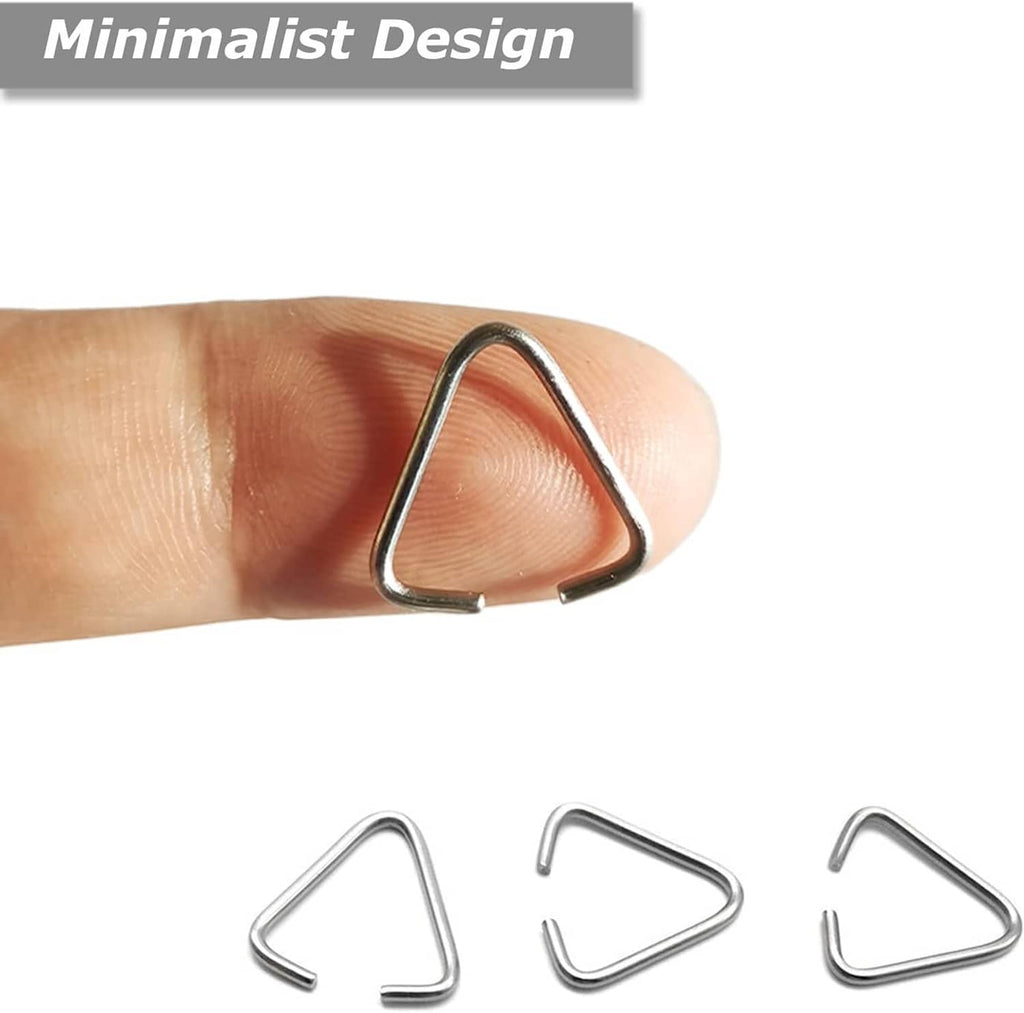 Triangle open jump rings on a fingertip, silver-tone pinch-bail clip connectors