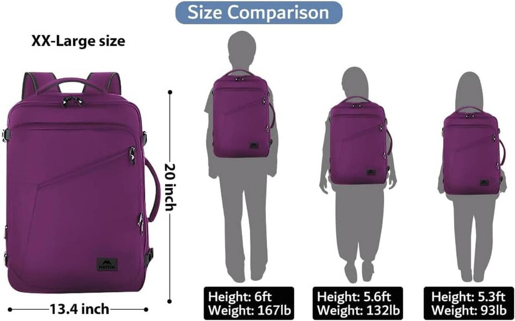 Purple travel backpack size comparison with full-size silhouettes