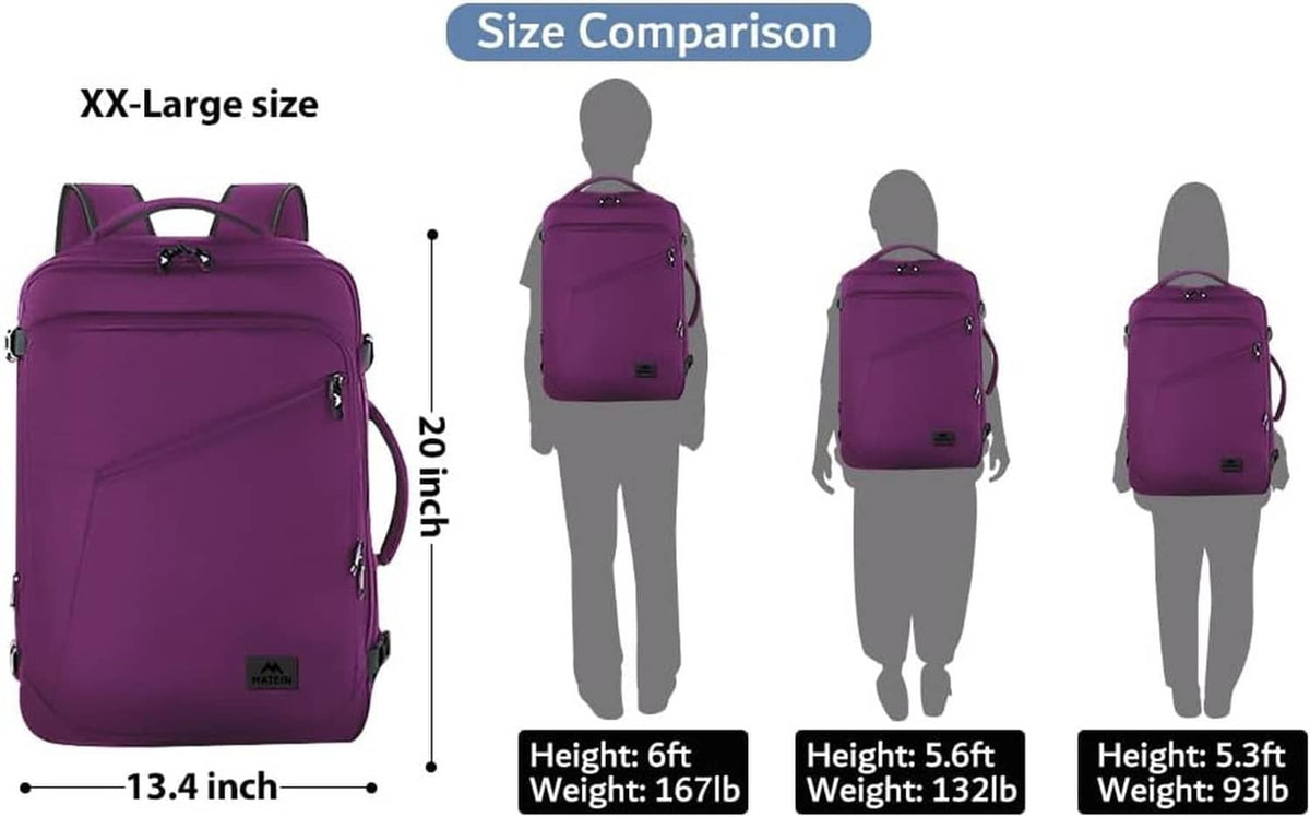 Purple travel backpack size comparison with full-size silhouettes