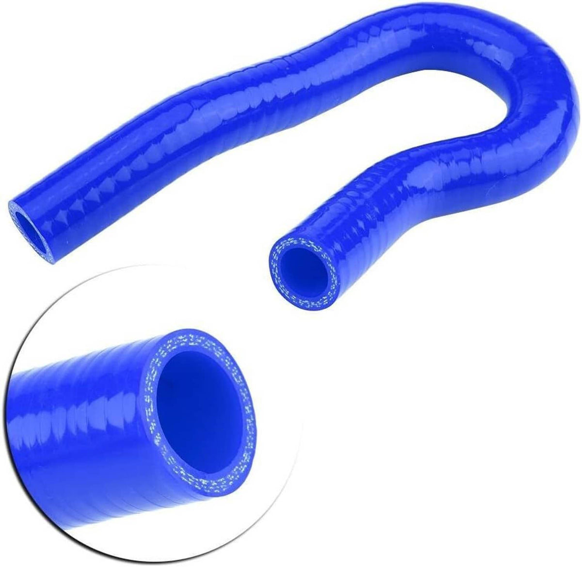 Blue silicone radiator hoses with wide bends and smooth open ends, shown as a pair.