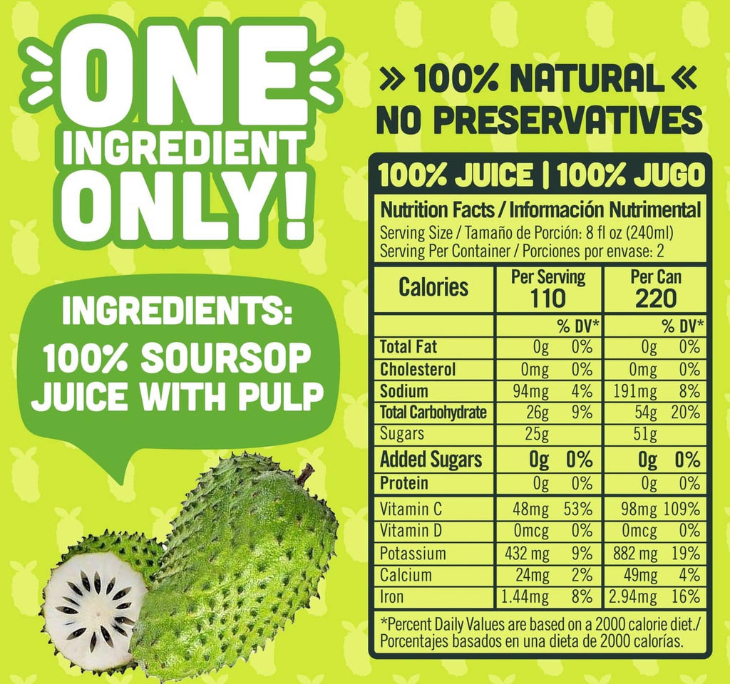 NILO soursop juice nutrition facts panel on green can label