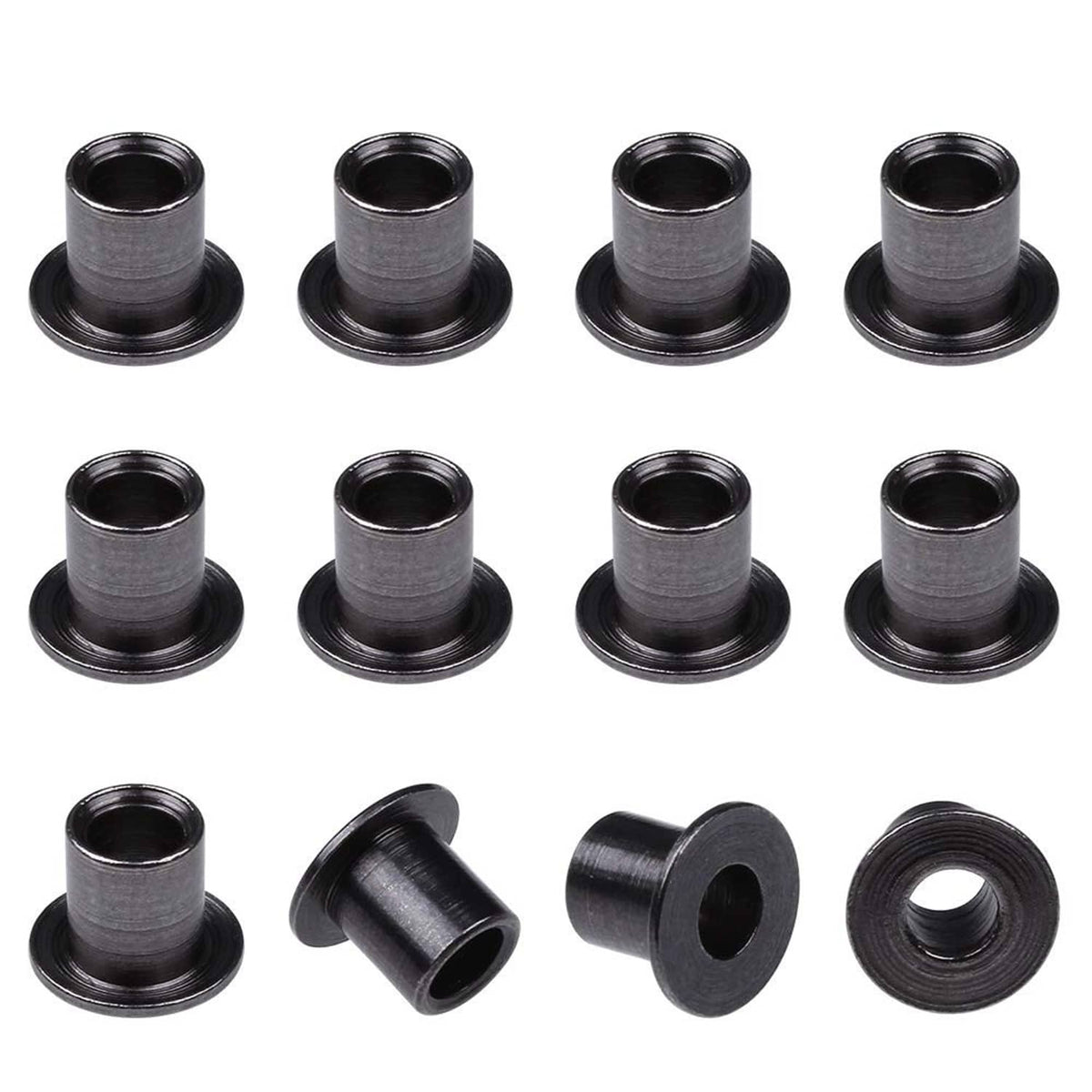 Black C-hub bushing sleeves with flanged base, cylindrical center, 12-piece set