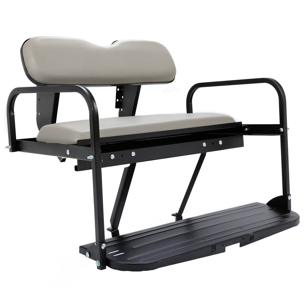 Complete rear flip seat assembly with two gray seat cushions and black platform