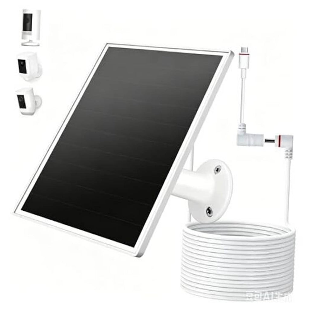 Solar panel charger kit with black panel, white wall mount, and coiled cable.