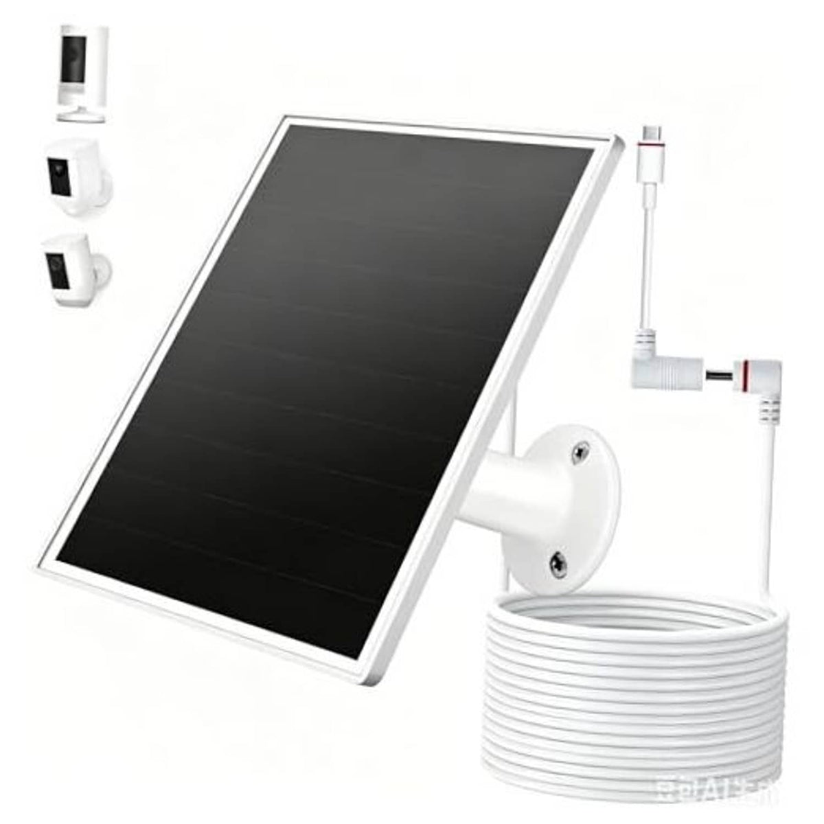Solar panel charger kit with black panel, white wall mount, and coiled cable.
