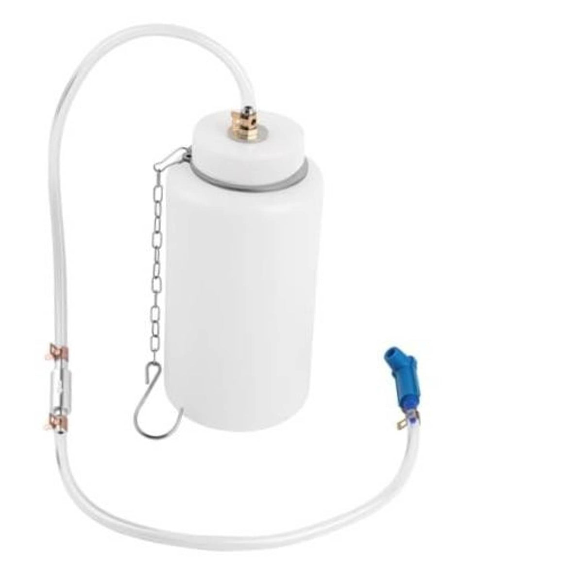 White 1L brake bleeder bottle with long hose, chain hanger, and blue quick connector