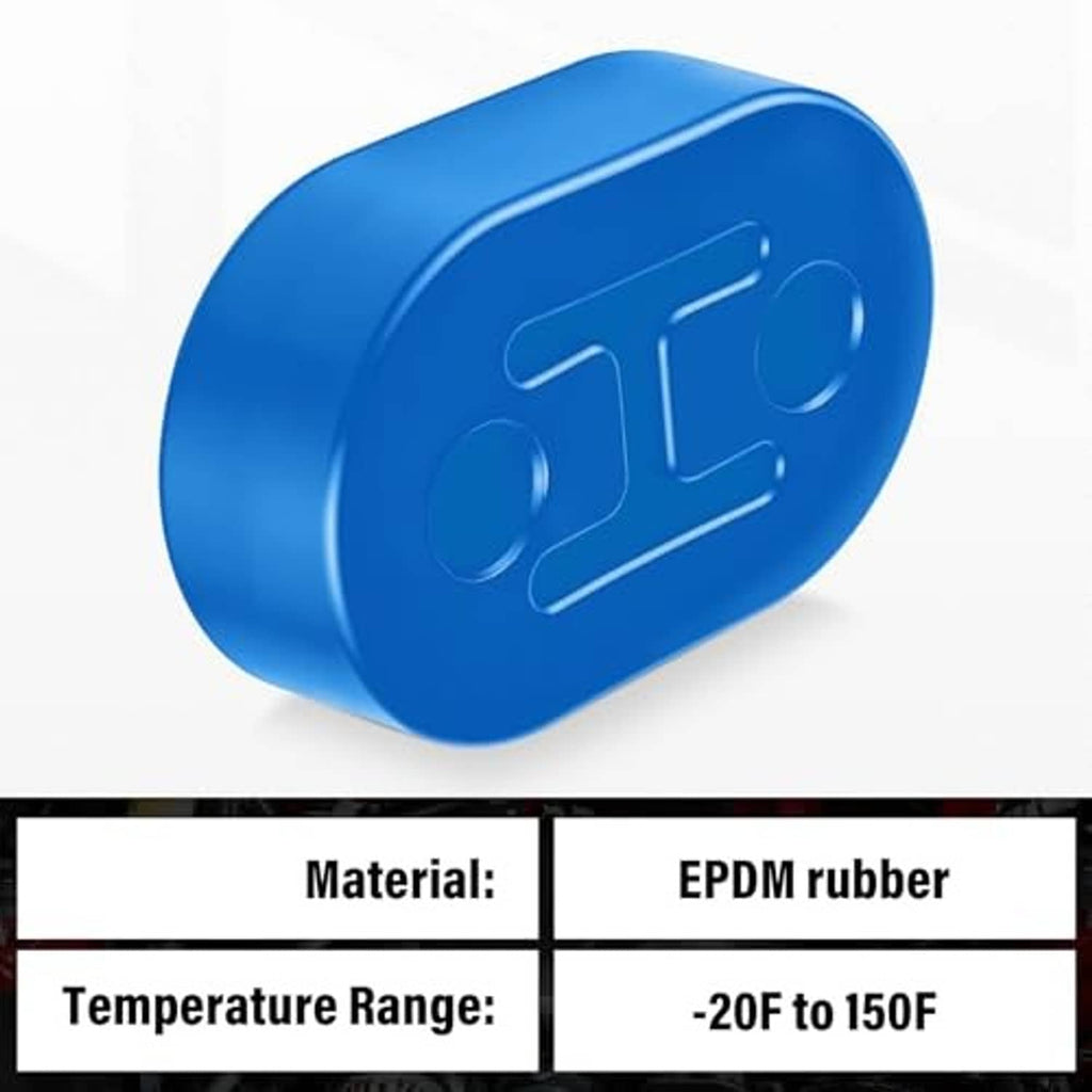 Blue rubber exhaust hanger with molded T-shaped detail and two mounting holes