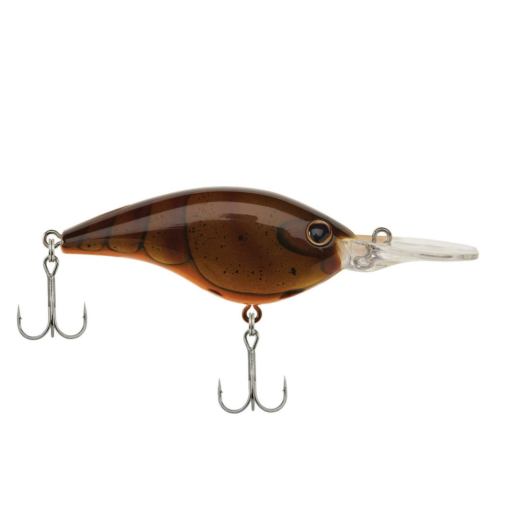 Brown craw crankbait fishing lure with two treble hooks and clear diving lip