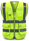 Neon yellow high-visibility safety vest with reflective stripes, front zipper, 8 pockets