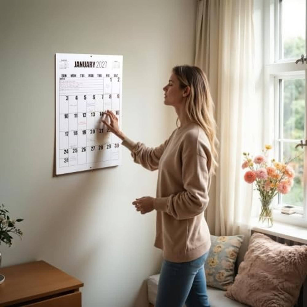 Large wall calendar with January 2027 month grid on display indoors