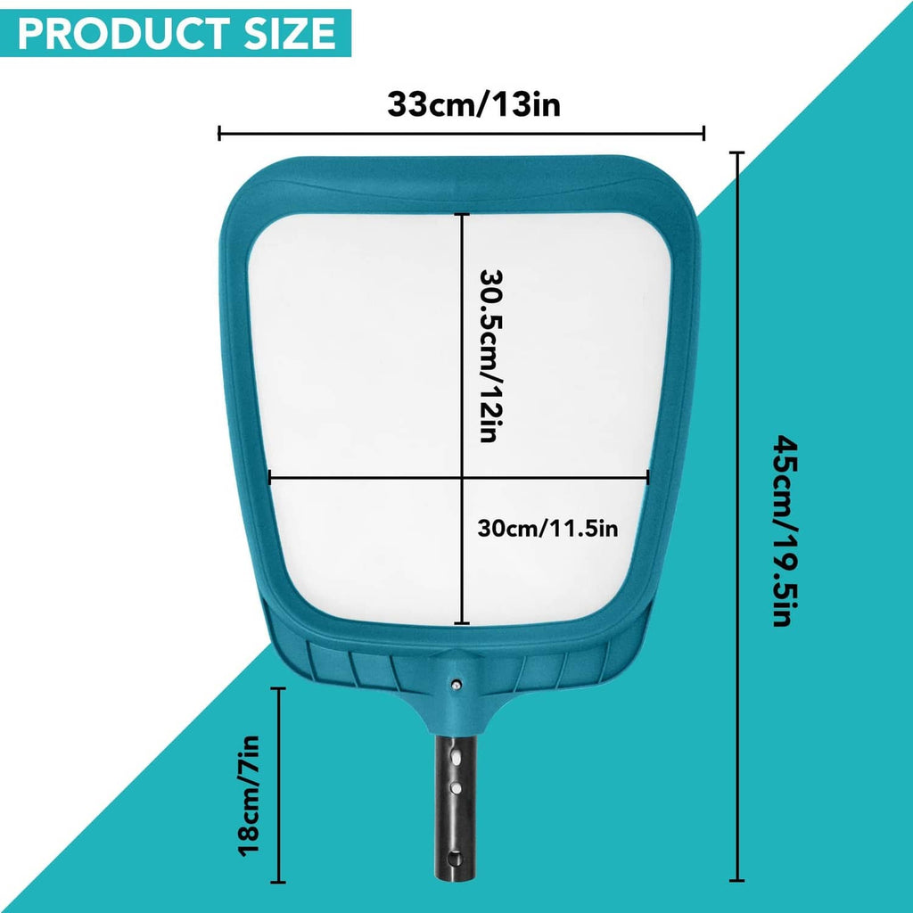 Teal square pool leaf skimmer net with white mesh and attached metal pole