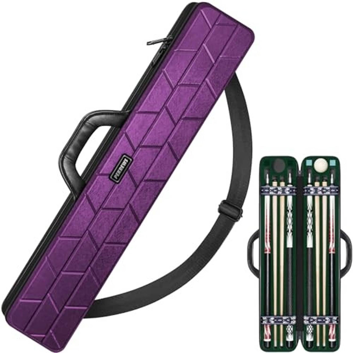 Purple hard pool cue case with textured panel, side handle, and shoulder strap