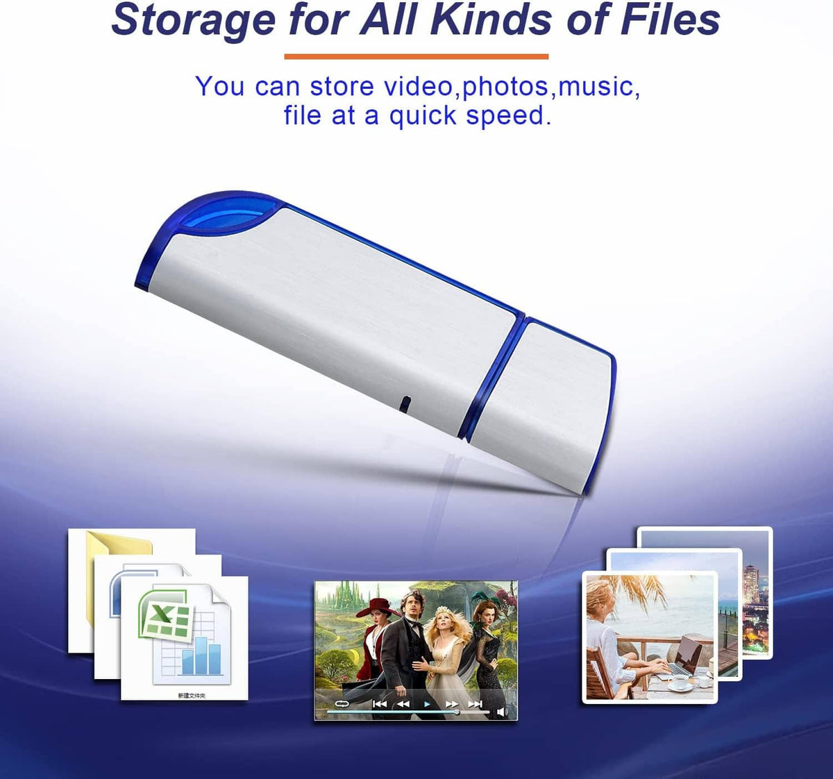 Silver USB flash drive with blue edge and cap, shown at a side angle