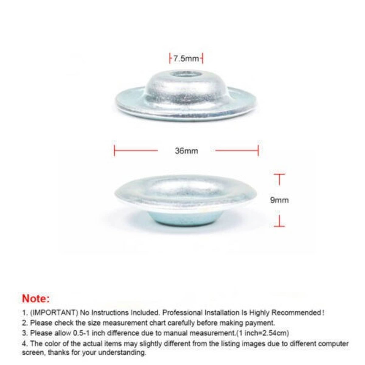 Galvanized round washer with center hole and bolt, with size dimensions diagram