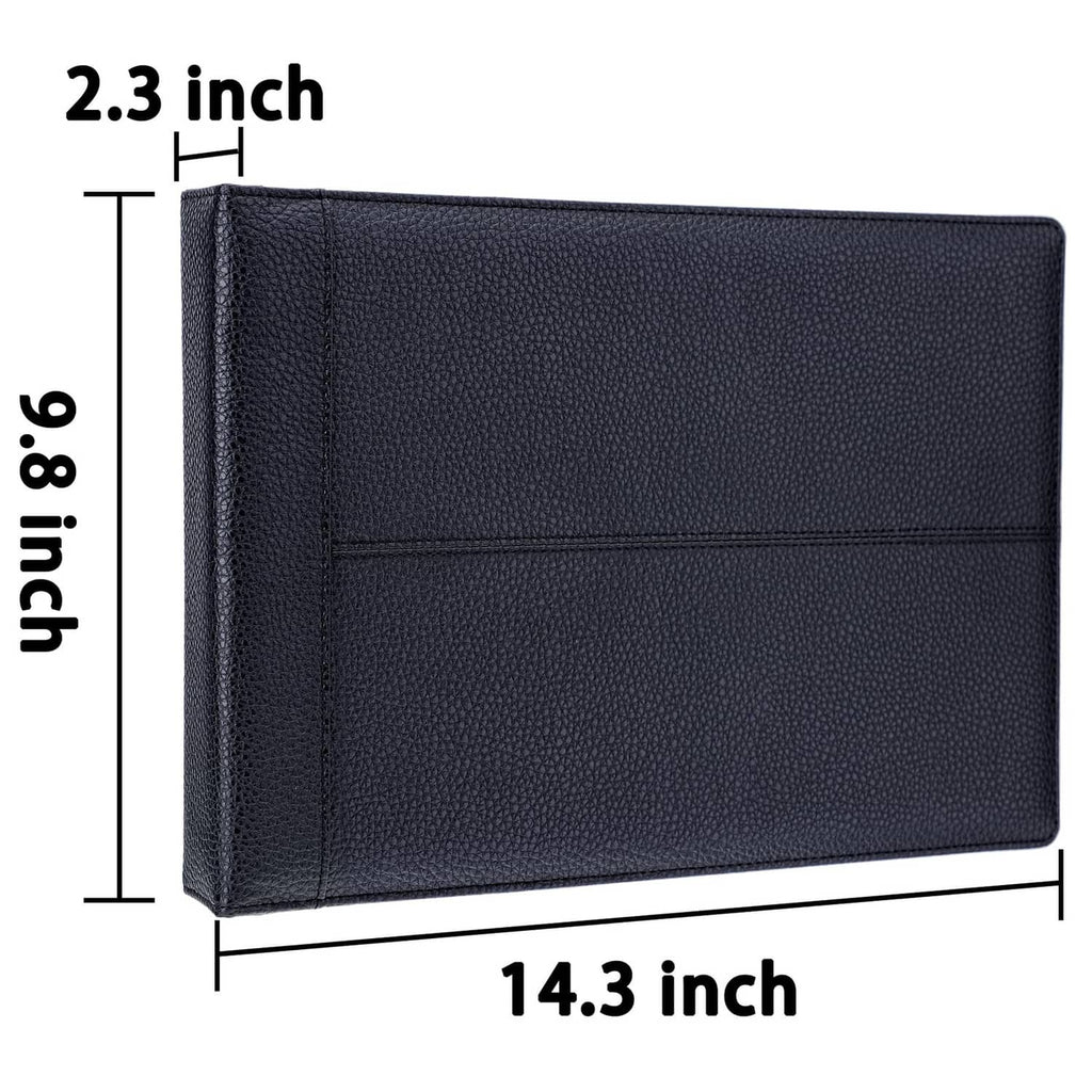 Black checkbook binder, 14.3 in x 2.3 in, textured cover with horizontal seam