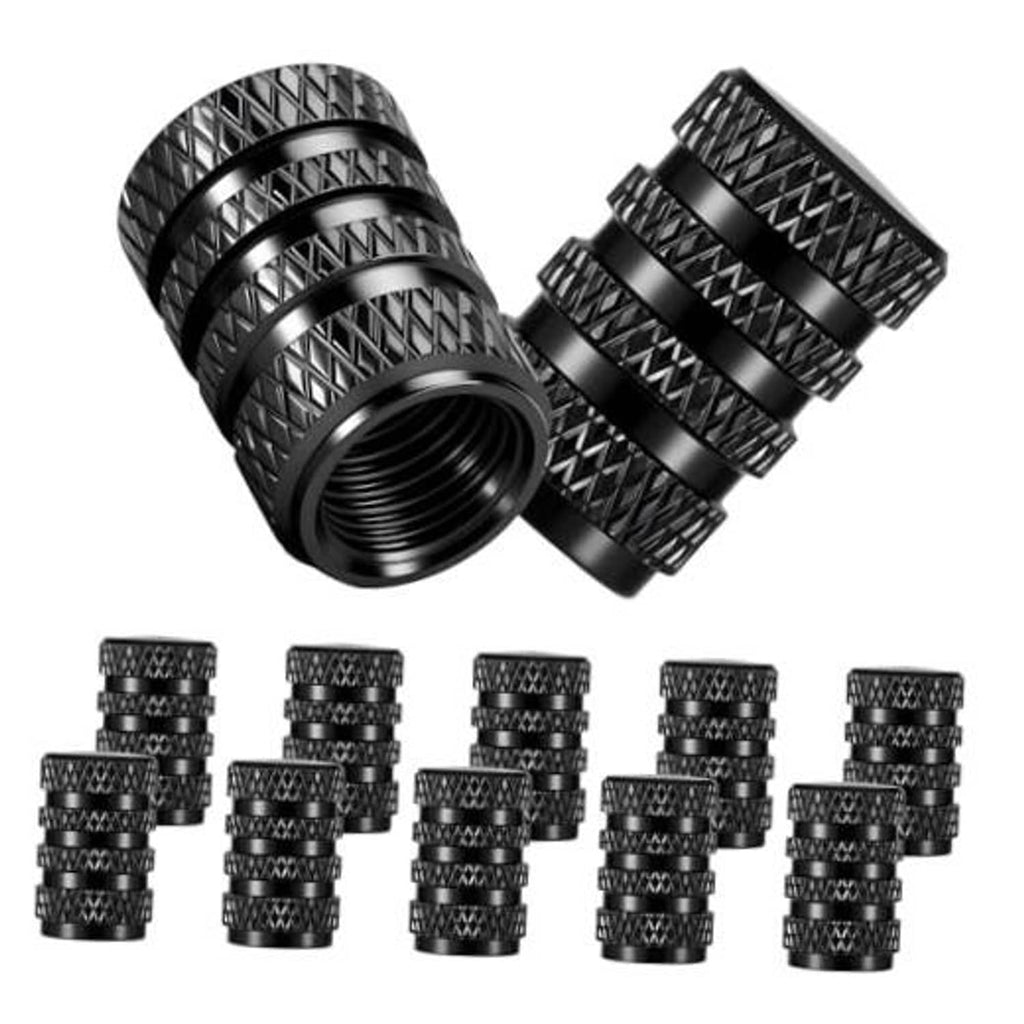 Black anodized aluminum tire valve stem caps with knurled grip, 12-pack set shown