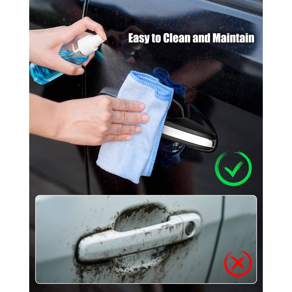 Exterior door handle with chrome trim being wiped with a cloth