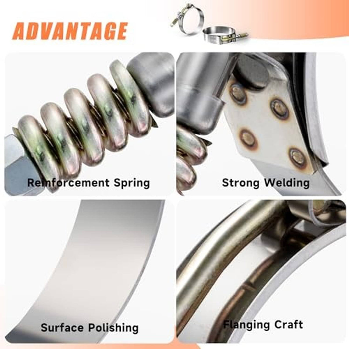 T-bolt hose clamp with reinforced spring, strong welding, polished band, flanging