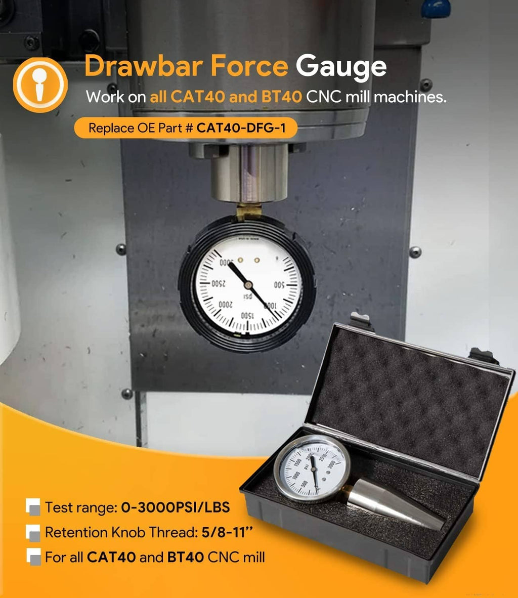 Drawbar force gage tester with dial gauge on CNC spindle tool and included case