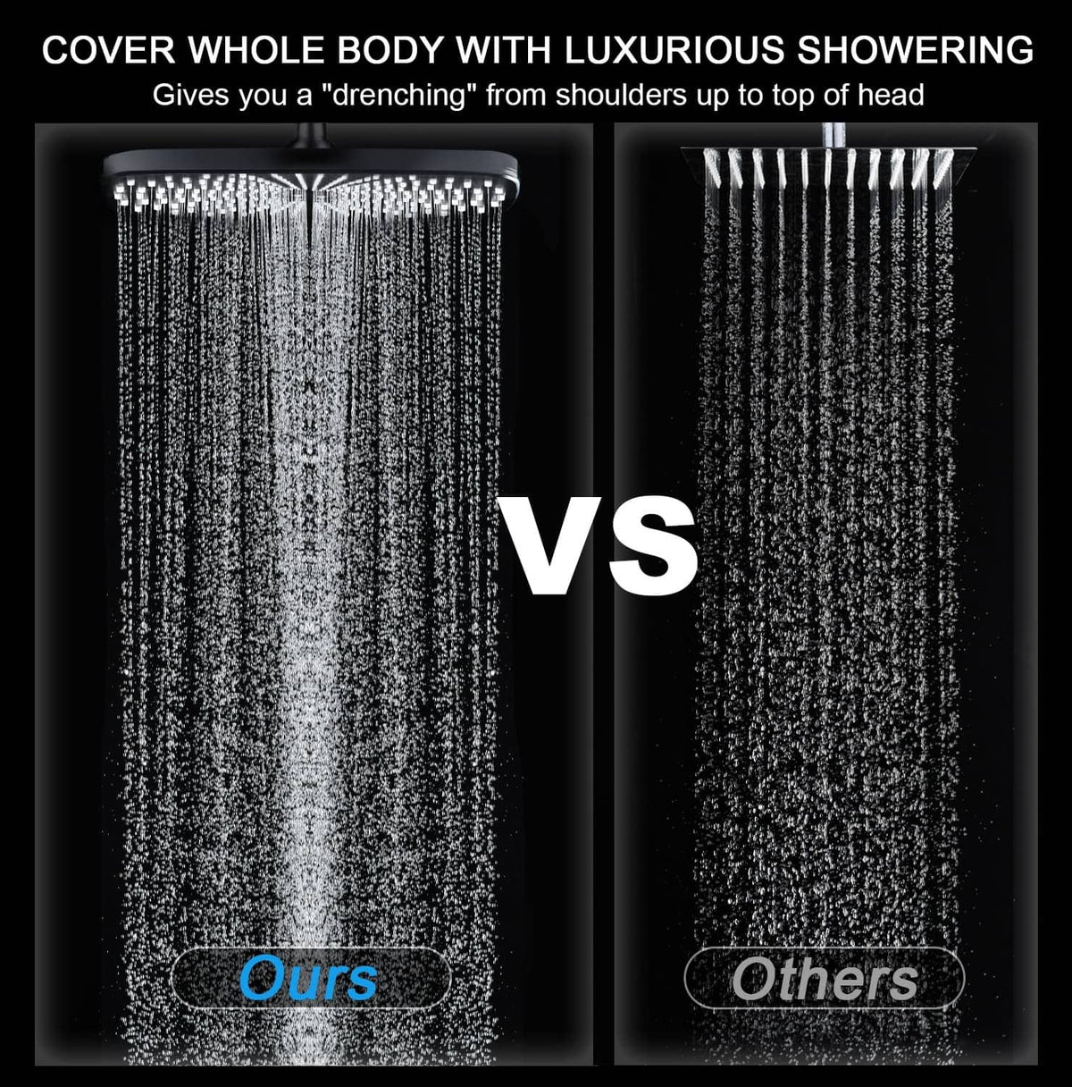 Rain shower head with dense water streams from overhead spray panel