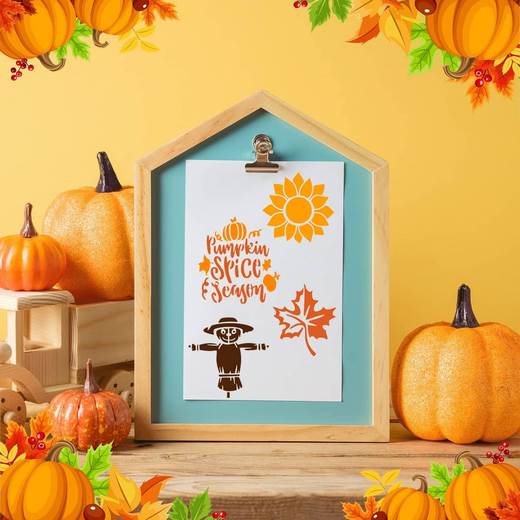 Fall stencil card with pumpkin spice and maple leaf designs