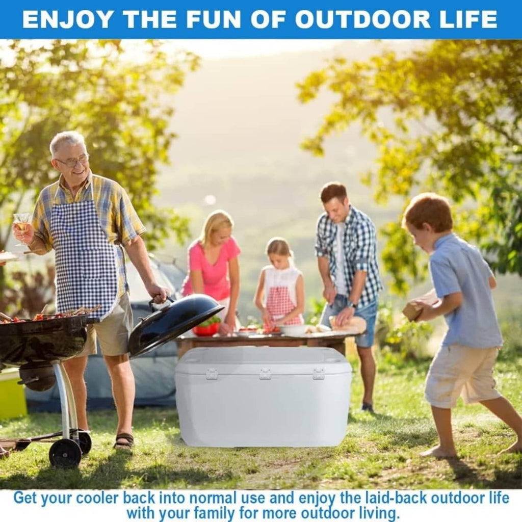 White cooler with hinge replacement kit for outdoor use