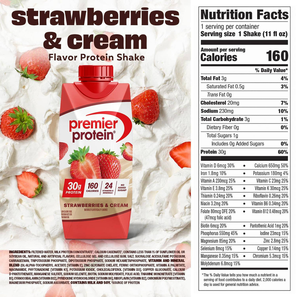 Premier Protein strawberries and cream flavor protein shake carton with nutrition panel